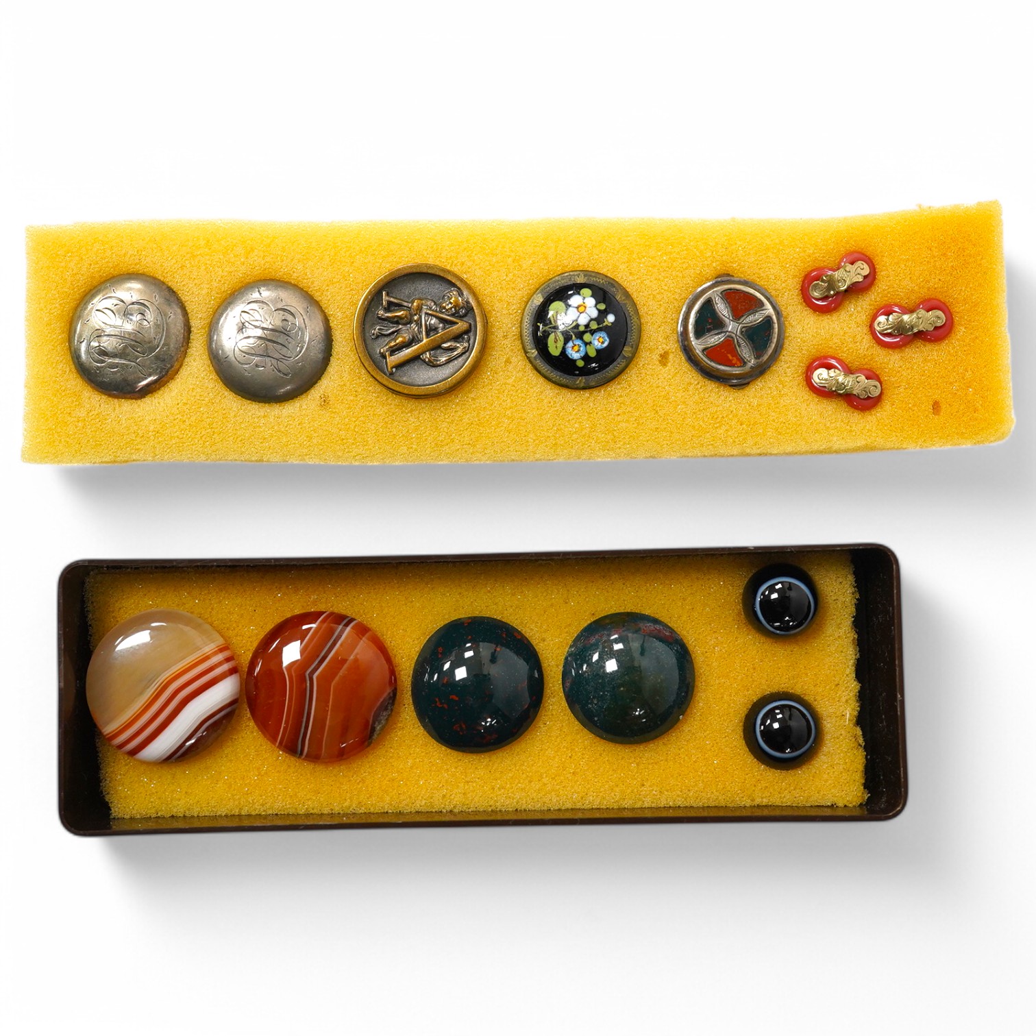 Fourteen assorted late 19th/early 20th century buttons and studs, largest 26mm. Condition - two monogrammed silver studs, dented in places